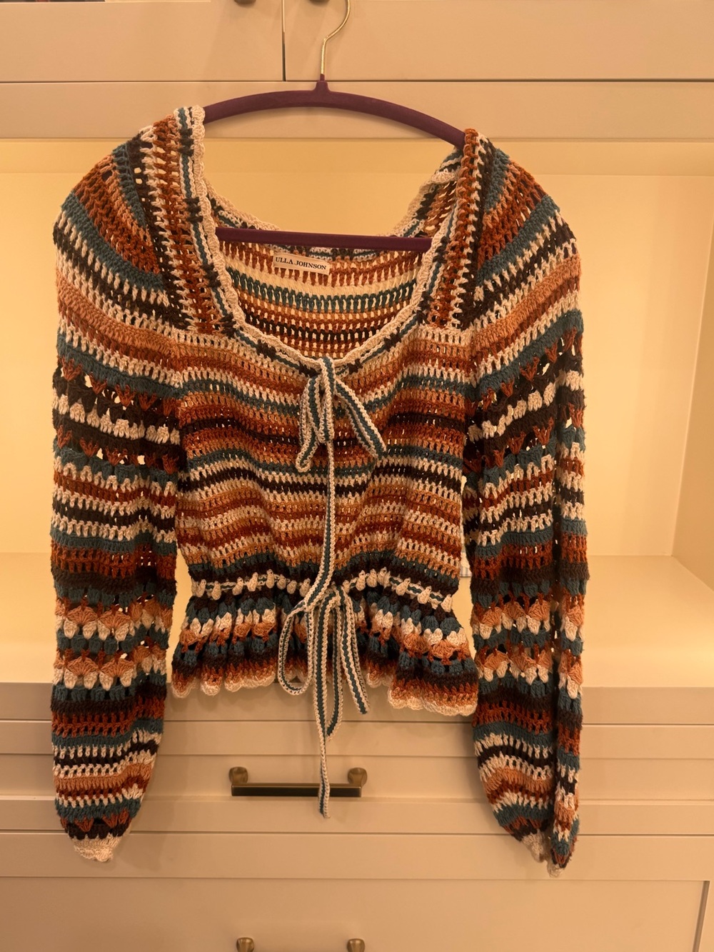Ulla Johnson Striped Crochet Tie-Front Sweater in Rust, Teal, Cream